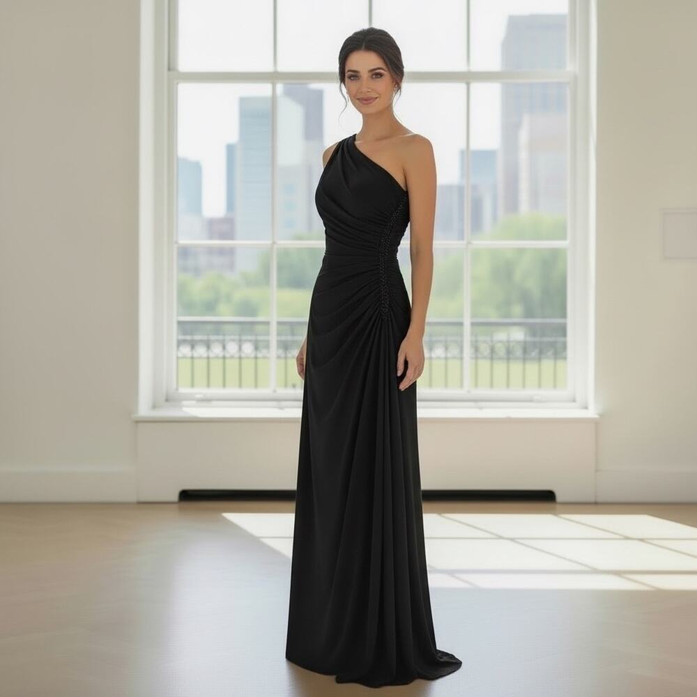 Lillie Rubin One Shoulder Gown 10 Vintage Black Maxi Dress Rhinestone Y2K NWT